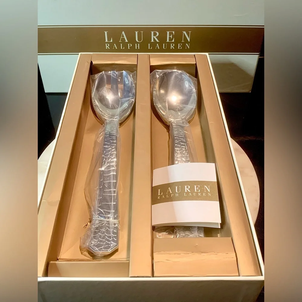 RALPH LAUREN CROCODILE SALAD SERVER SET NEW SILVER STAINLESS STEEL